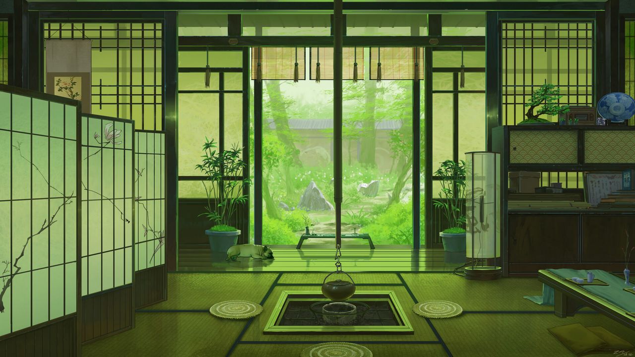 Обои интерьер, япония, арт, окно, вид