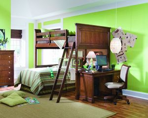 Превью обои интерьер, комната, квартира, кухня, кровать, стол, стул, компьютер, лампа, подушки, зеркало, ковер, зеленый