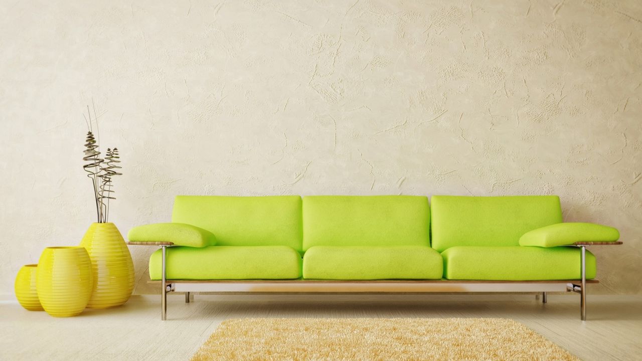 Обои интерьер, комната, стиль, дизайн, светлый, минимализм, диван, зеленый, вазы, желтые, коврик, паркет