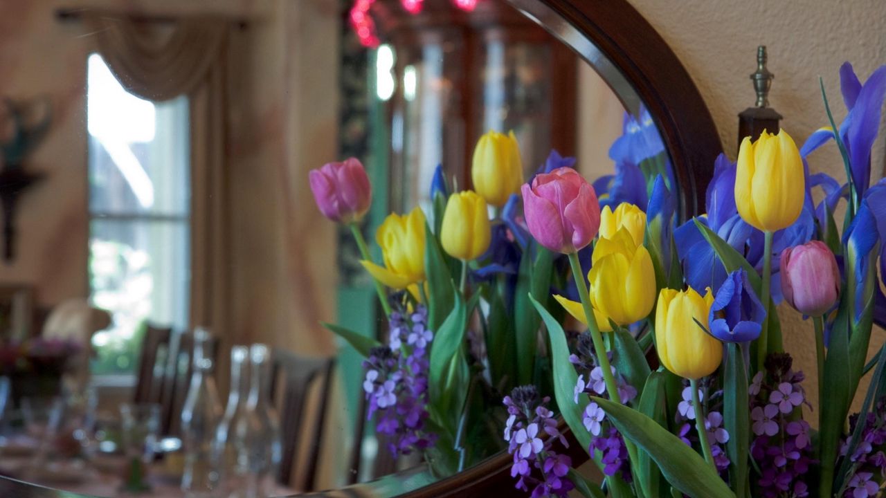 Обои ирисы, тюльпаны, маттоила, цветы, букет, зеркало, отражение