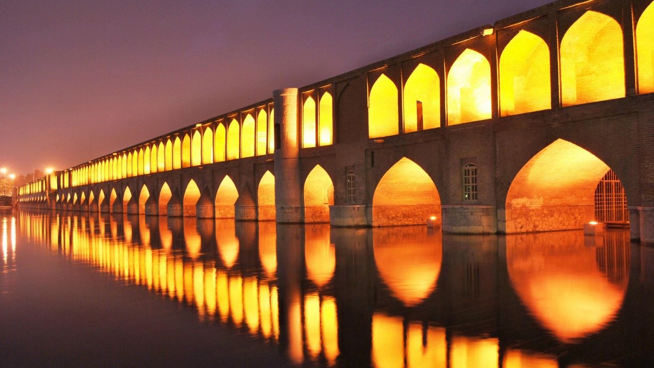 Обои исфахан, иран, строение, мост, ночь, свет