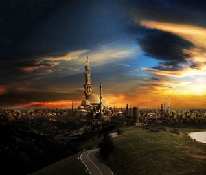 Превью обои ислам, мечеть, город, закат