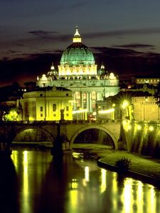 Превью обои италия, рим, базилика, мост ангела, площадь святого петра, ночь, огни, отражение, ватикан