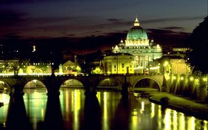 Превью обои италия, рим, базилика, мост ангела, площадь святого петра, ночь, огни, отражение, ватикан