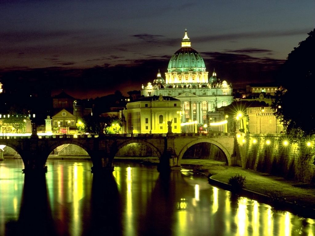 1024x768 Обои италия, рим, базилика, мост ангела, площадь святого петра, ночь, огни, отражение, ватикан