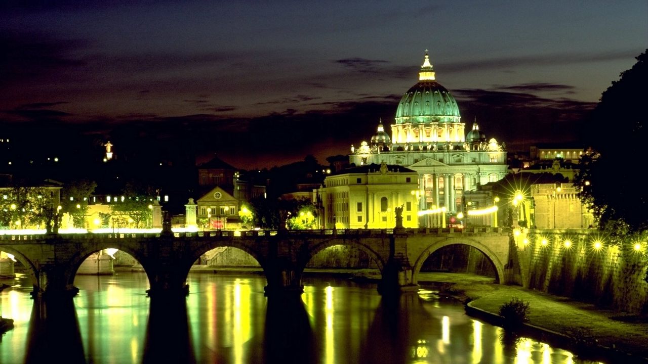 Обои италия, рим, базилика, мост ангела, площадь святого петра, ночь, огни, отражение, ватикан