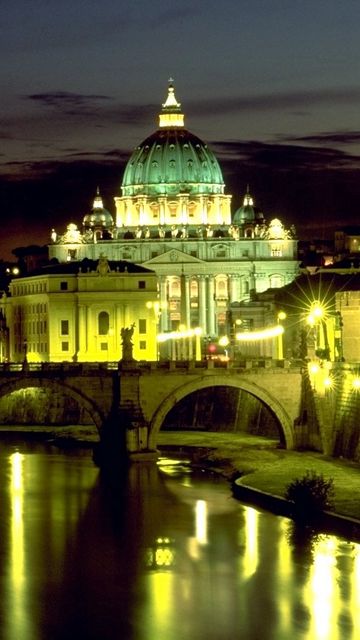 360x640 Обои италия, рим, базилика, мост ангела, площадь святого петра, ночь, огни, отражение, ватикан