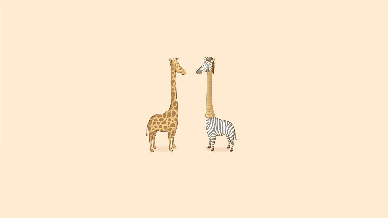 Обои юмор, зебра, жираф, арт, минимализм