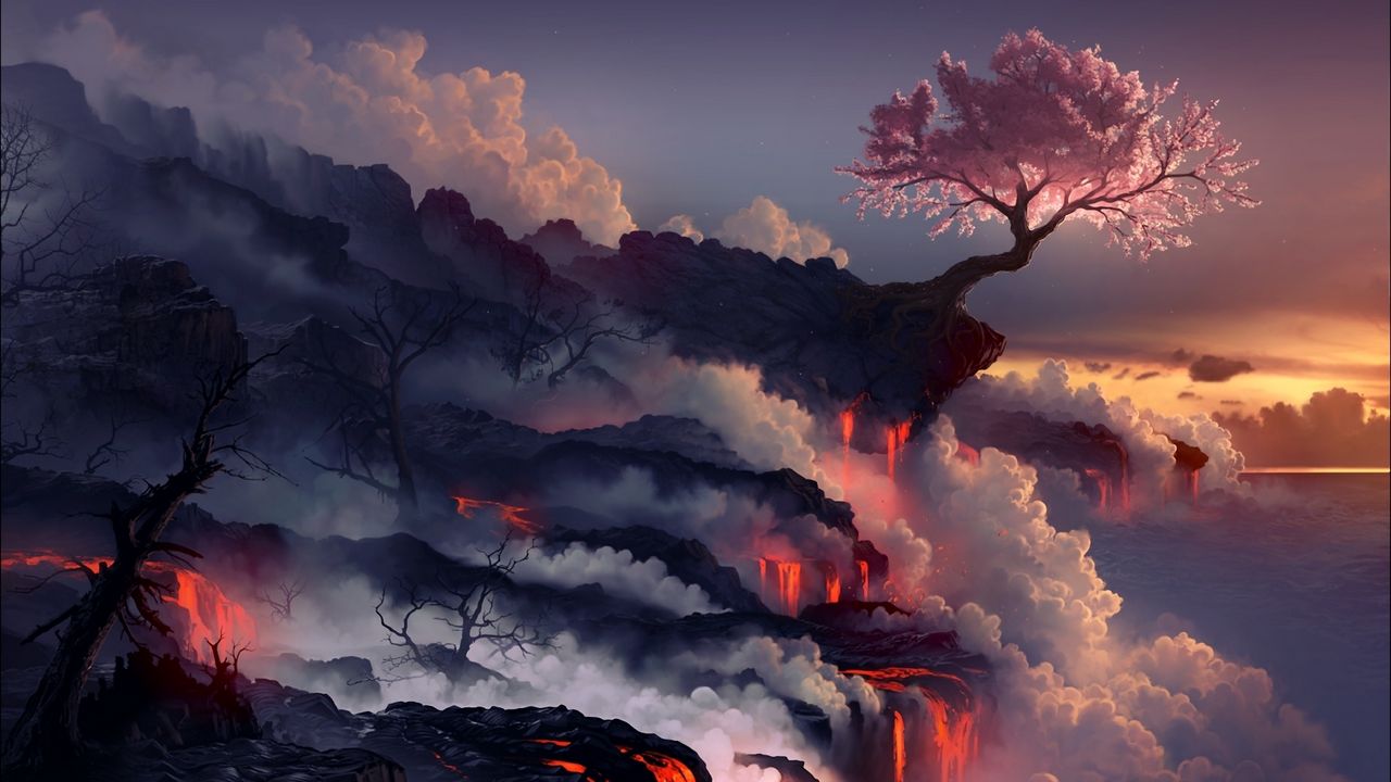 Обои извержение, лава, вулкан, сакура, дерево