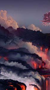 Превью обои извержение, лава, вулкан, сакура, дерево