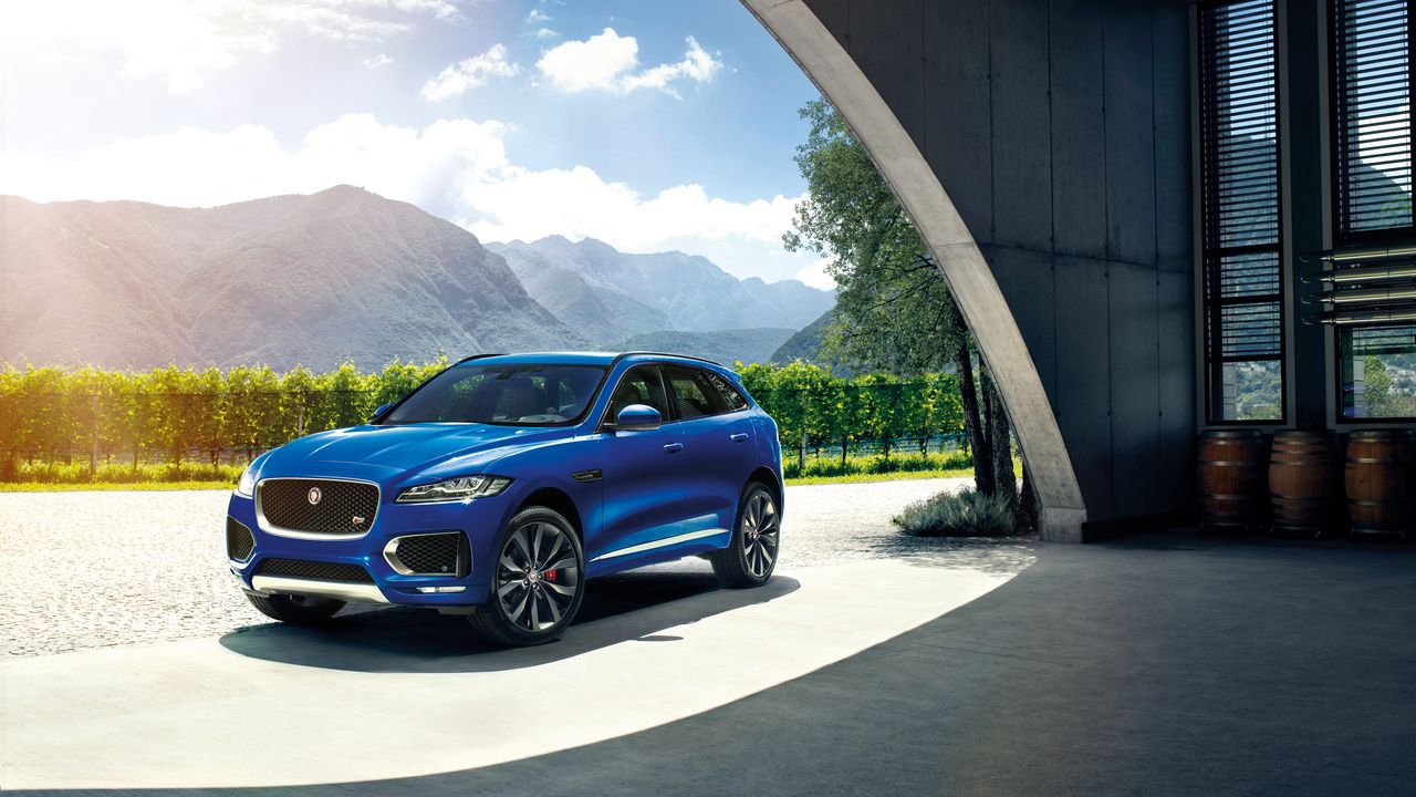 Обои jaguar f-pace, jaguar, кроссовер, синий, динамичный, мощный, авто