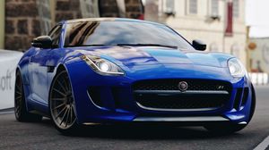 Превью обои jaguar f-type, jaguar, спорткар, гонка, синий, вид спереди