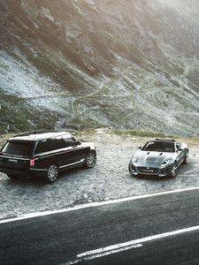 Превью обои jaguar f-type, range rover, горы, дорога