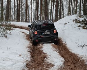 Превью обои jeep renegade, jeep, автомобиль, внедорожник, черный, лес, снег