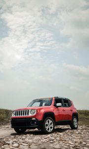 Превью обои jeep renegade, jeep, машина, внедорожник, красный, вид сбоку, бездорожье