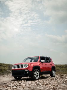 Превью обои jeep renegade, jeep, машина, внедорожник, красный, вид сбоку, бездорожье