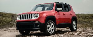 Превью обои jeep renegade, jeep, машина, внедорожник, красный, вид сбоку, бездорожье