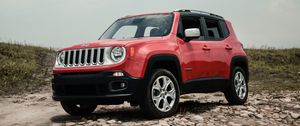 Превью обои jeep renegade, jeep, машина, внедорожник, красный, вид сбоку, бездорожье