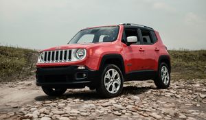 Превью обои jeep renegade, jeep, машина, внедорожник, красный, вид сбоку, бездорожье