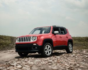 Превью обои jeep renegade, jeep, машина, внедорожник, красный, вид сбоку, бездорожье