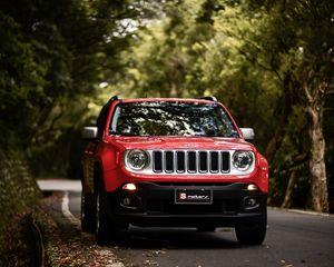 Превью обои jeep renegade, jeep, машина, внедорожник, красный, вид спереди