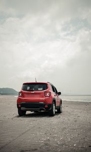 Превью обои jeep renegade, jeep, внедорожник, красный, вид сзади, пляж, бездорожье