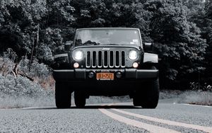 Превью обои jeep wrangler, jeep, автомобиль, фары, чб