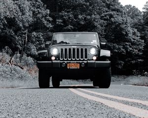 Превью обои jeep wrangler, jeep, автомобиль, фары, чб