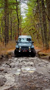Превью обои jeep wrangler, jeep, автомобиль, вид спереди, лес
