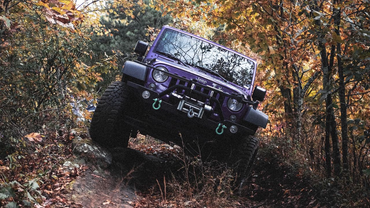 Обои jeep wrangler, jeep, автомобиль, внедорожник, фиолетовый, оффроуд