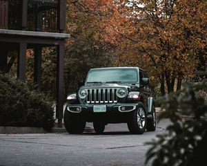 Превью обои jeep wrangler, jeep, автомобиль, внедорожник, черный, вид спереди