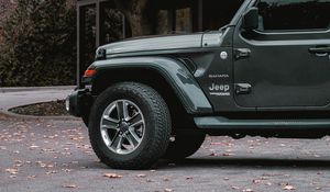 Превью обои jeep wrangler, jeep, автомобиль, внедорожник, серый, вид сбоку