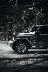 Превью обои jeep wrangler, jeep, автомобиль, внедорожник, черный, снег