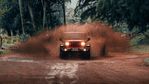 Превью обои jeep wrangler, jeep, автомобиль, внедорожник, красный, тропики