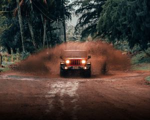 Превью обои jeep wrangler, jeep, автомобиль, внедорожник, красный, тропики