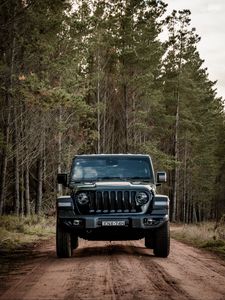 Превью обои jeep wrangler, jeep, автомобиль, внедорожник, черный, лес