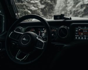 Превью обои jeep wrangler, jeep, руль, автомобиль, черный