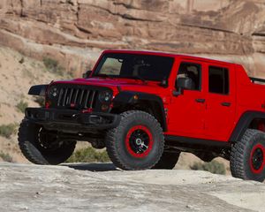 Превью обои jeep, wrangler, красный, вид сбоку