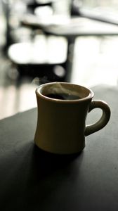 Превью обои кафе, чашка, кофе, горячий, настроение, стол, стулья, мебель, тень