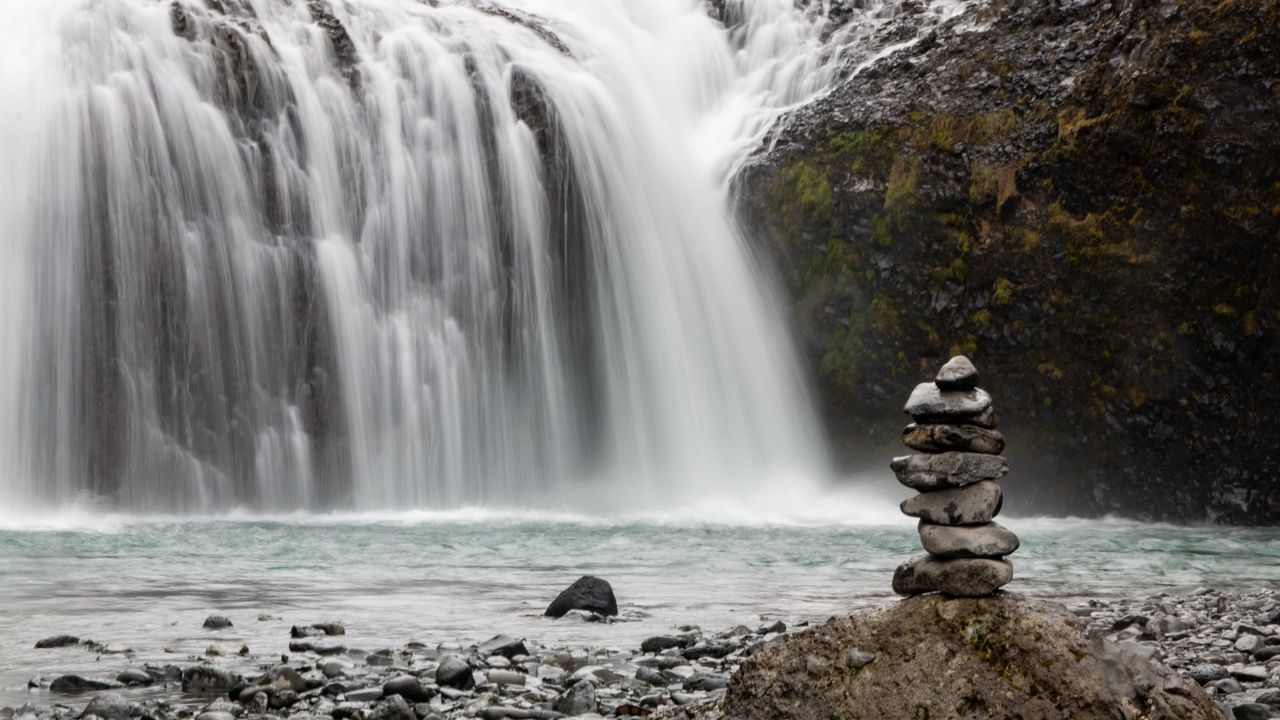 Обои камни, баланс, водопад, природа, пейзаж