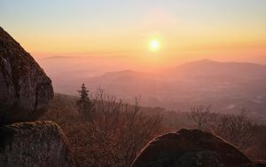 Превью обои камни, деревья, холмы, пейзаж