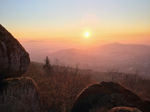 Превью обои камни, деревья, холмы, пейзаж