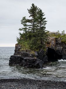 Превью обои камни, деревья, море, галька, природа