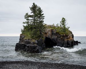 Превью обои камни, деревья, море, галька, природа