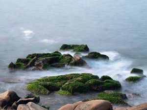 Превью обои камни, мох, вода, волны, природа