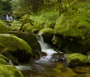 Превью обои камни, мох, зелень, водопад, река, природа