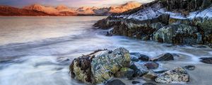 Превью обои камни, море, горы, пейзаж, длинная выдержка, природа