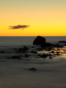 Превью обои камни, море, вода, горизонт, закат