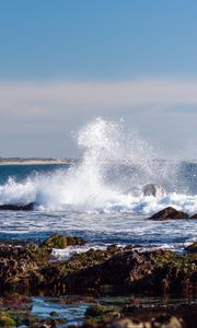 Превью обои камни, море, волны, всплеск, природа