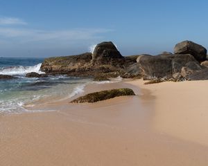 Превью обои камни, пляж, песок, берег, море